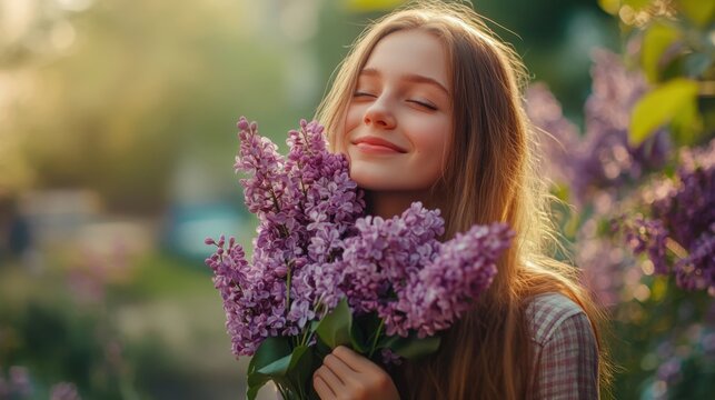 A happy girl holds a bouquet of lilacs in her hands
