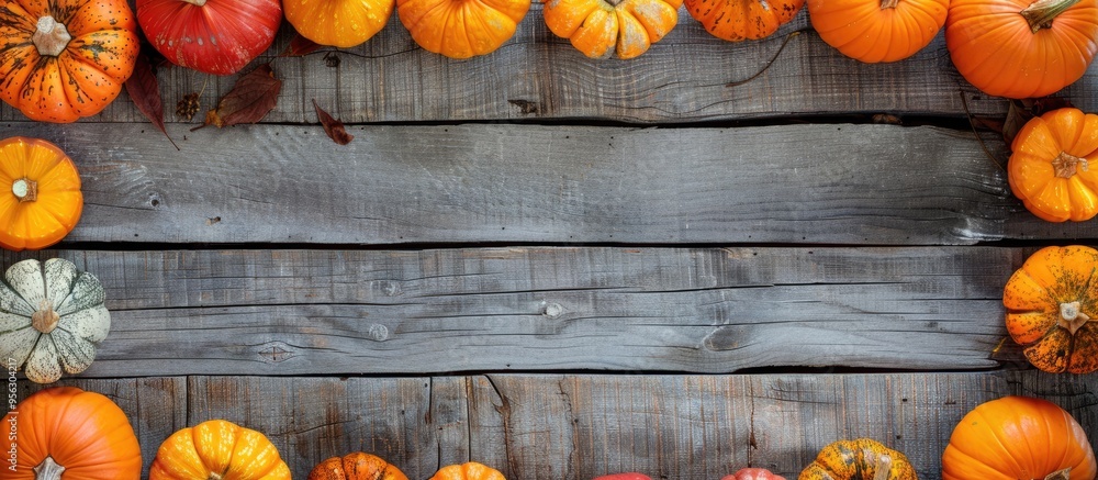 Leinwandbilder wooden background with a frame of various fresh pumpkins creating a rustic copy space image