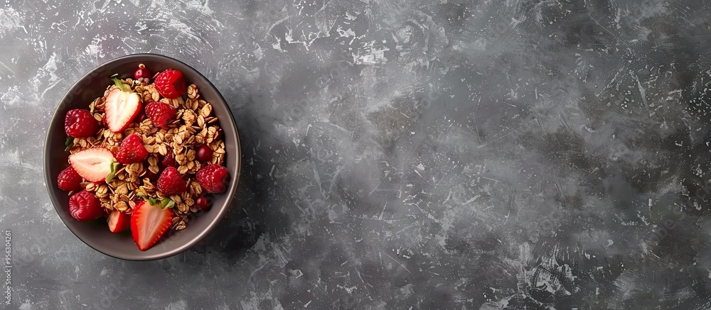 Poster flat lay of delicious granola topped with fresh fruits on a grey surface with available copy space i