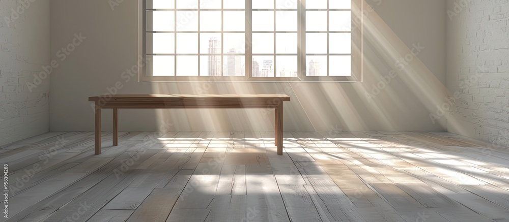 Fototapete modern empty room with light coming through window wall presenting a table with ample copy space ima