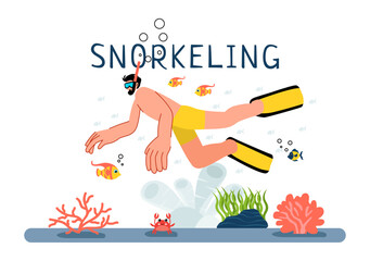 Snorkeling Adventure Vector Illustration featuring Underwater Swimming, Exploring the Sea, Coral Reefs, and Fish in a Flat Style Cartoon Background
