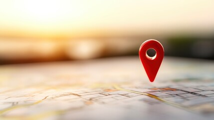A close-up of a red location pin on a map, symbolizing travel, navigation, and exploration under a warm sunset glow.