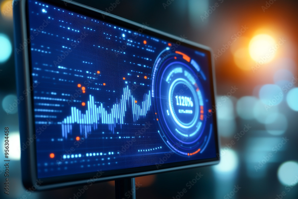 Poster a sleek monitor displays innovative data visualizations and analytics, showcasing technology and dig