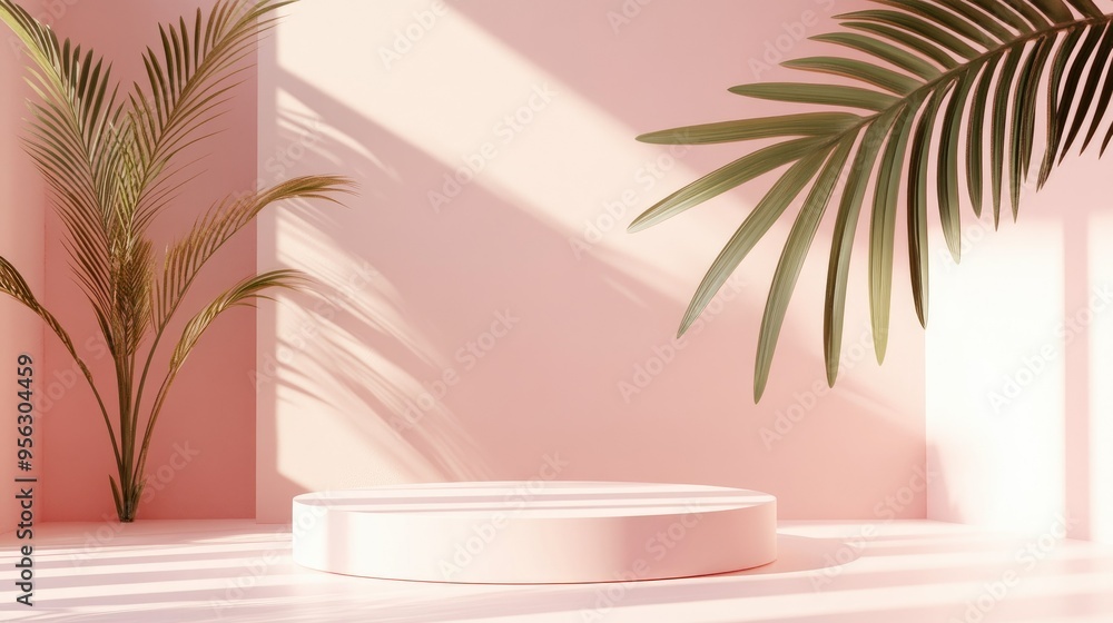 Poster 3d render of a minimal summer-themed background with an empty podium, perfect for product display.