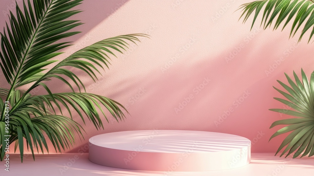Poster 3d render of a minimal summer-themed background with an empty podium, perfect for product display.