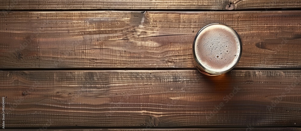 Poster top view of a teku glass with beer on a wooden table featuring copy space for images