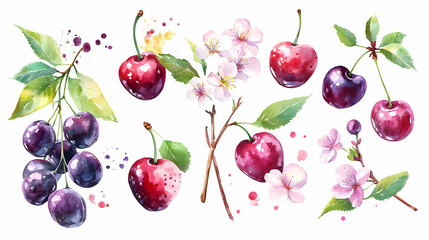 Watercolor Cherry Blossoms and Cherries Illustration