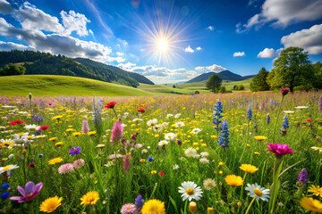 Fototapeta premium Vibrant Sunrise Over a Field of Wildflowers in a Lush Meadow
