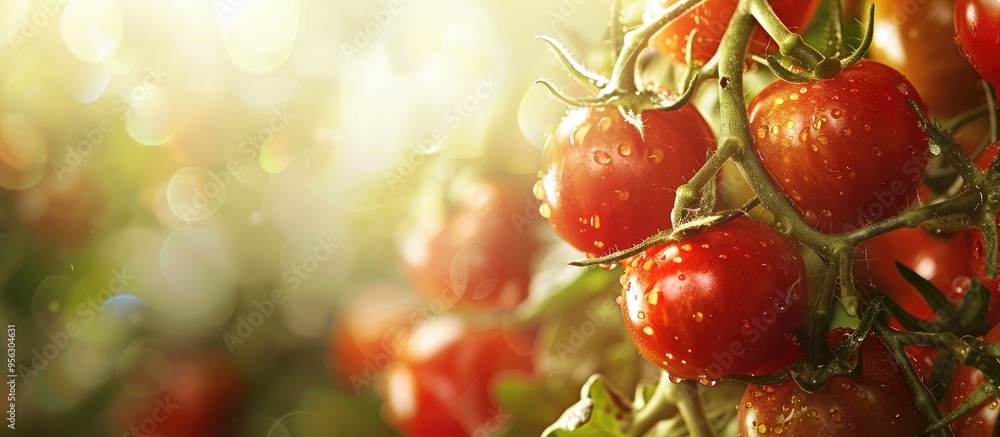 Poster a close up photo of fresh organic tomatoes growing on a vine at a local farm providing a background 