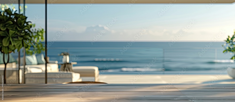Poster blurred background of a modern coastal living room enhances the empty table top as an ideal copy spa