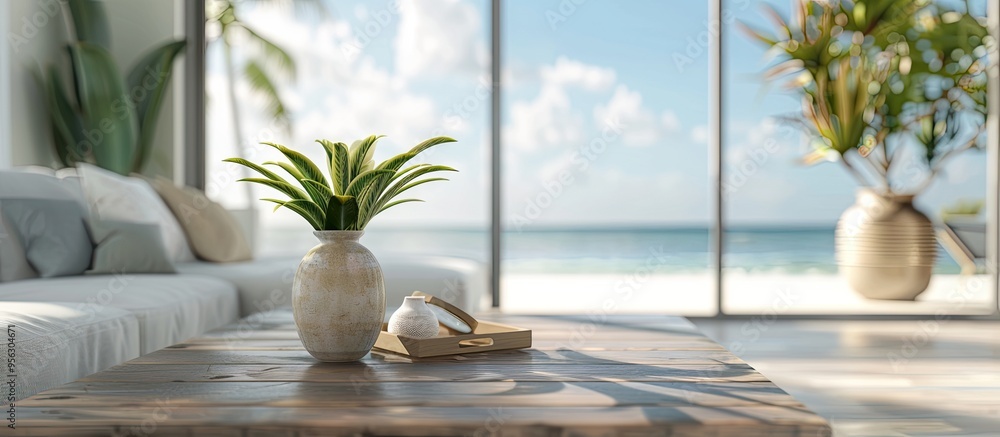 Poster blurred background of a modern coastal living room enhances the empty table top as an ideal copy spa