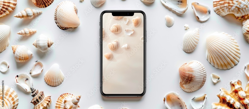 Canvas Prints Modern mobile phone displayed with various seashells on a white background suitable for adding text or design in the copy space image