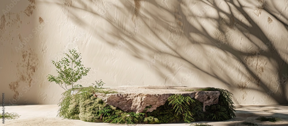 Leinwandbilder ideal for showcasing beauty products against a moss covered stone podium with a soft beige backdrop 