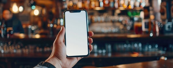hand holding a smartphone with a blank screen in a lively bar with colorful shelves of bottles in the background
