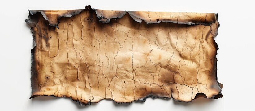 A charred sheet of paper set against a blank white backdrop with room for text or images. Creative banner. Copyspace image
