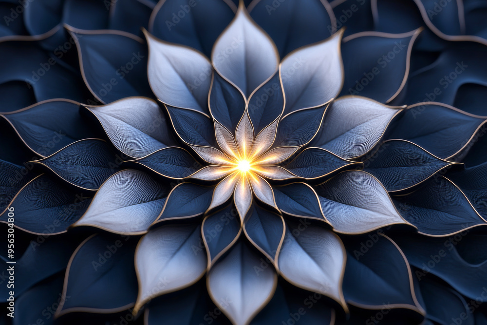 Poster a stunning abstract flower design featuring intricate petals in shades of blue, creating a serene an