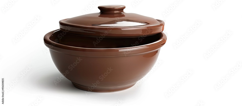 Poster an isolated brown ceramic bowl with a lid on a white background ideal for a copy space image