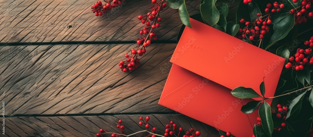 Poster flatlay of a red happy anniversary card and a valentine s day card captured from above with copy spa