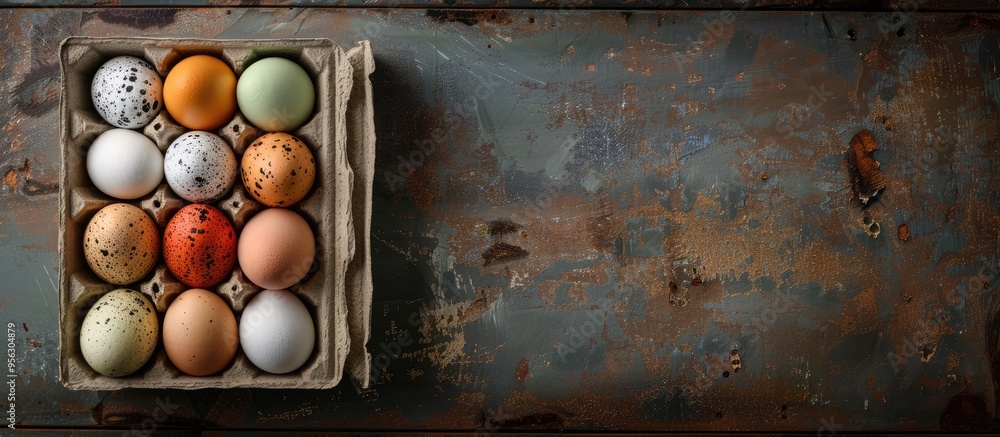 Poster Colorful eggs arranged in a box on a rustic background with copy space image