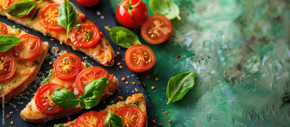 Fototapete Top down view of cheesy toast with tomatoes and basil on a green backdrop with room for text in the image. Creative banner. Copyspace image