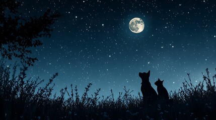 A dog and cat cuddling and playing under the stars, with a clear night sky and a full moon