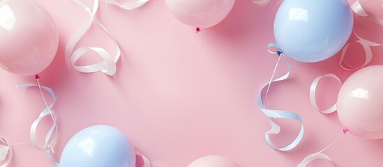 Top view of pastel colored balloon shapes made from application paper with white strings and ribbons on a light pink table background presented as a wide banner with an empty copy space image