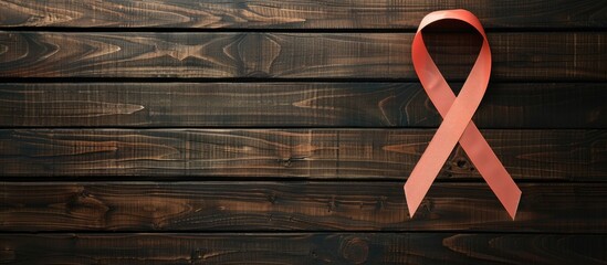 Wooden table with ribbon symbol for International Psoriasis Day top view for copy space image