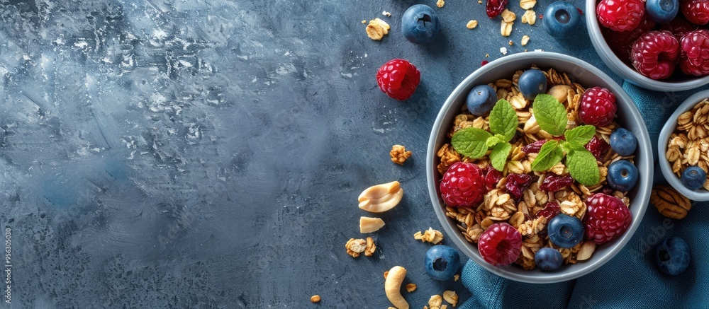 Poster Banner design featuring granola topped with berries and nuts on a grey table with room for text in a copy space image