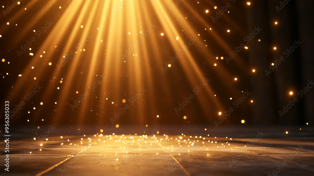 Poster a stunning display of golden light rays shining down, creating a magical atmosphere with sparkling p