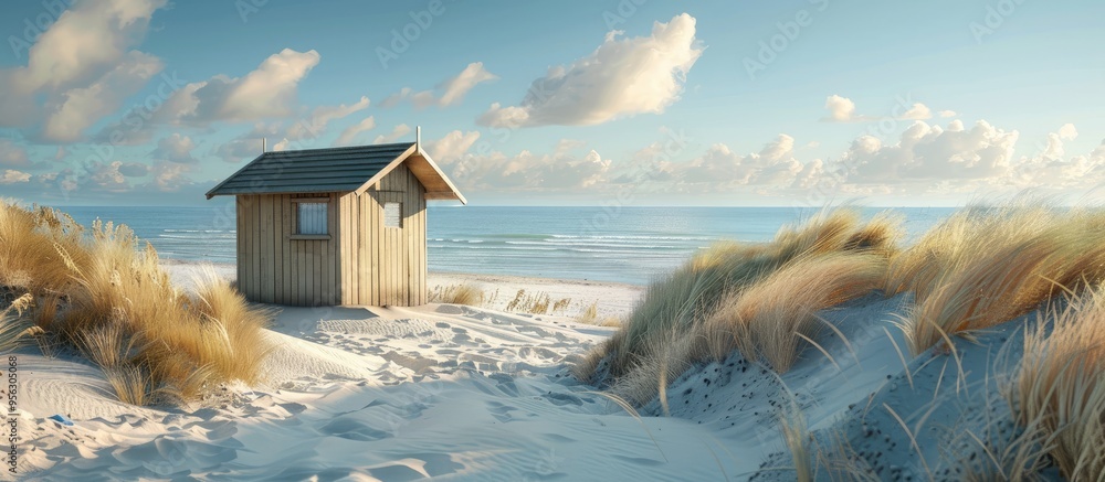 Poster A polyester structure like a cabin or shed situated on the sandy beach with ample copy space image
