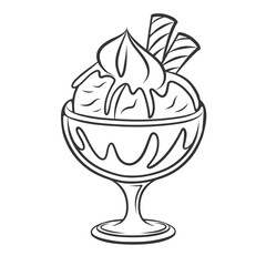 Ice cream in glass cup icon, doodle serving soft gelato with sauce. Funny sundae ball with chocolate or berry topping and wafer sticks. Dessert mascot, hand drawn ice cream icon vector illustration