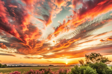 Obraz premium Glowing Sunset Sky with Shades of Red, Pink, and Purple Clouds