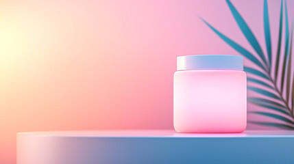 A stylish and modern cosmetic jar illuminated with vibrant colors, showcasing elegance on a sleek countertop.