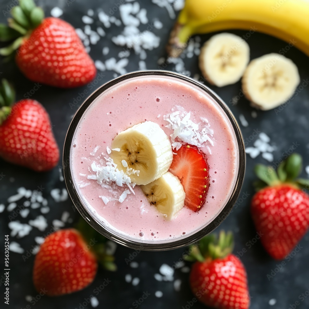 Sticker A pink smoothie topped with coconut flakes, banana slices, and a strawberry in a clear glass surrounded by whole strawberries, sliced banana, and coconut flakes on a black background.