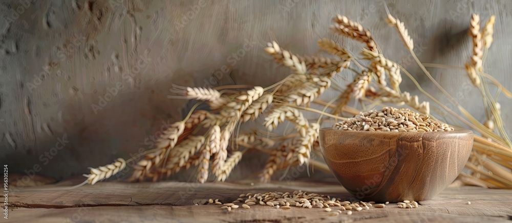 Aufkleber Organic harvest with oat seeds in a wooden bowl and ears on the table creating a rustic display with copy space image