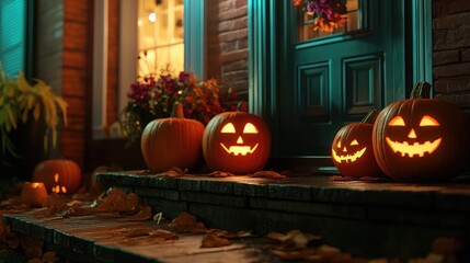 Halloween Pumpkins Decorating the Stoop of a House at Night, 3D Illustration. AI generated illustration.