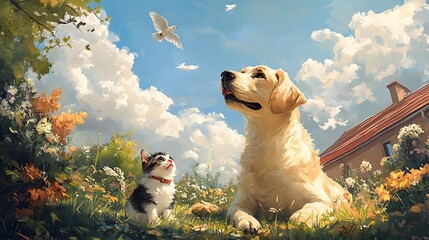 A dog and cat playing together in a garden, with a beautiful blue sky and birds flying overhead