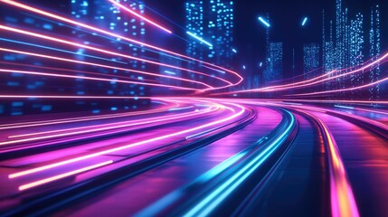A 3D abstract scene featuring glowing neon lines streaking across the background, representing high-speed technology and the futuristic digital world.