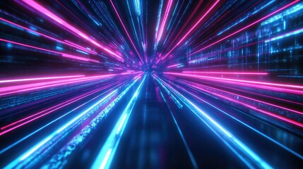 A 3D abstract scene featuring glowing neon lines streaking across the background, representing high-speed technology and the futuristic digital world.