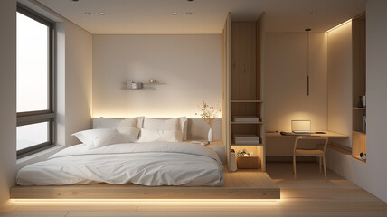 a minimalist bedroom with a built-in desk and uncluttered space