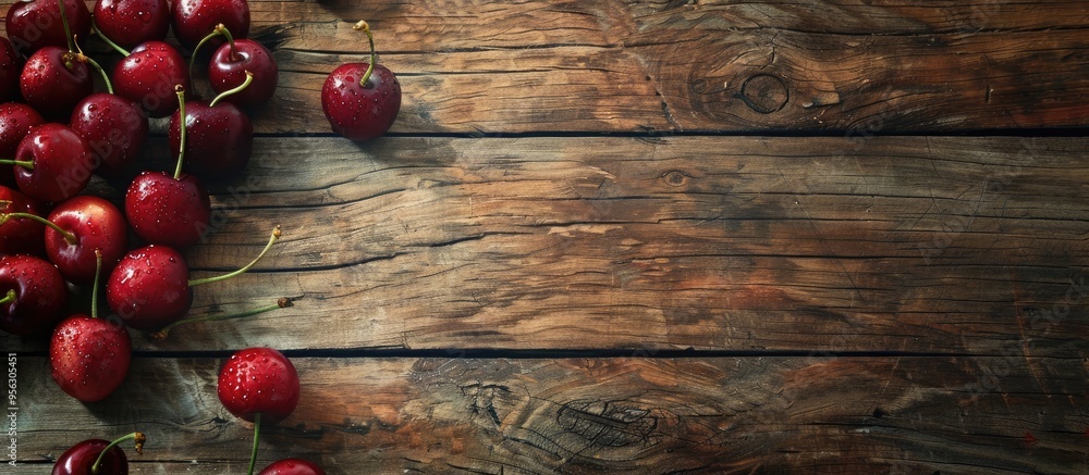 Aufkleber top down view of ripe cherries displayed against a rustic wooden backdrop ideal for a copy space ima