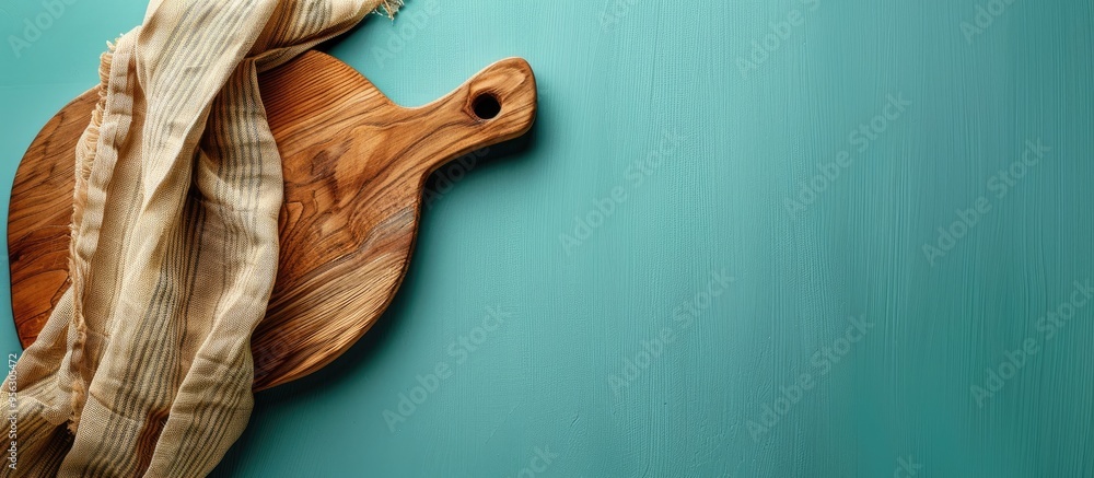 Aufkleber Top view of a cutting board with a napkin on a colored background providing copy space image