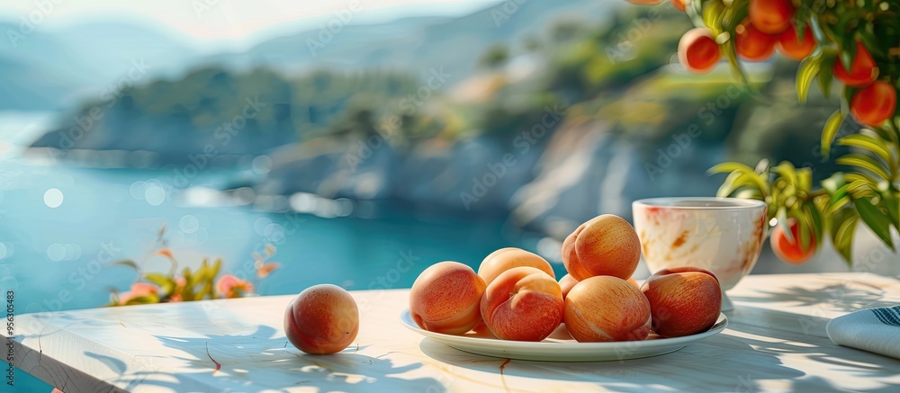 Aufkleber white table with nectarines in a peaceful summer scene featuring a blurred backdrop of the sea and m