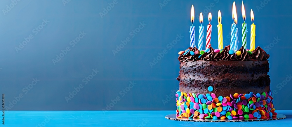 Aufkleber a birthday cake with chocolate frosting colorful sprinkles and seven lit candles on top set against 
