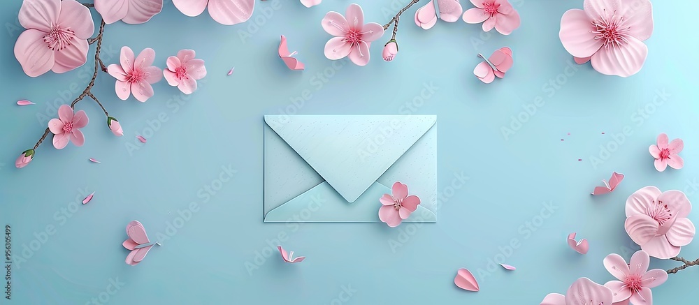 Poster From a top view a blue background features an envelope and blank paper with a floral design creating a copy space image