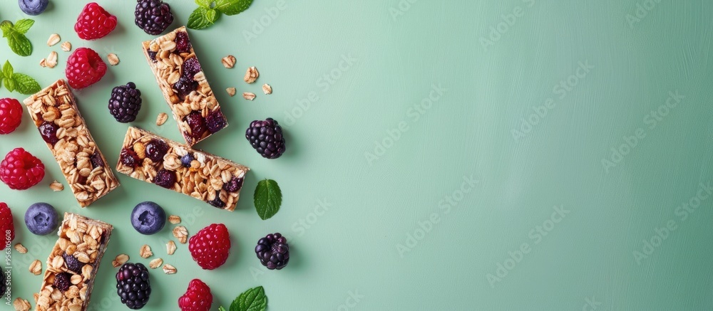 Poster Top view of delectable homemade granola bars and fresh berries arranged on a pale green surface featuring a banner layout with ample copy space image