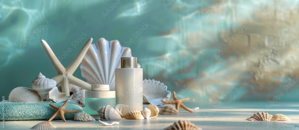 Poster Summer themed skincare display featuring a unbranded moisturizing flacon cream and lotion on a table adorned with seashells and starfish against an isolated copy space image