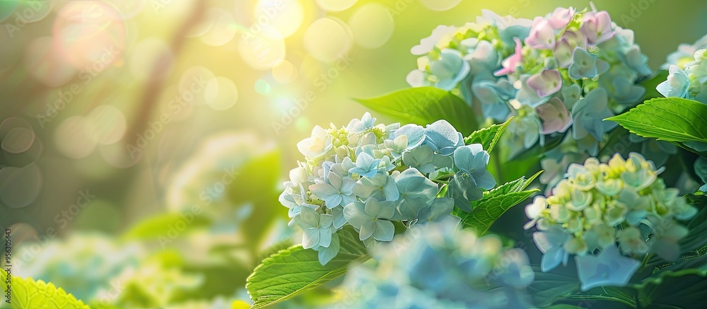 Poster Beautiful hydrangea flowers in a garden with a selected focus on French Hydrangea macrophylla or Hortensia blooms creating a serene copy space image