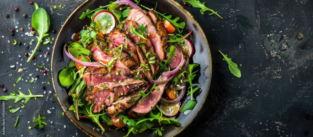 Poster Smoked duck meat salad with natural fresh ingredients placed on a rustic table with a top view for a copy space image