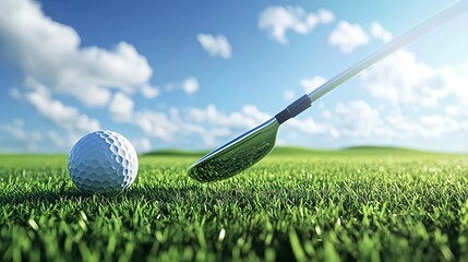 Shiny iron club rests on lush green grass of a golf course, ready to strike a ball under a clear blue sky on a sunny day, exuding tranquility and relaxation for a leisurely outdoor golf activity